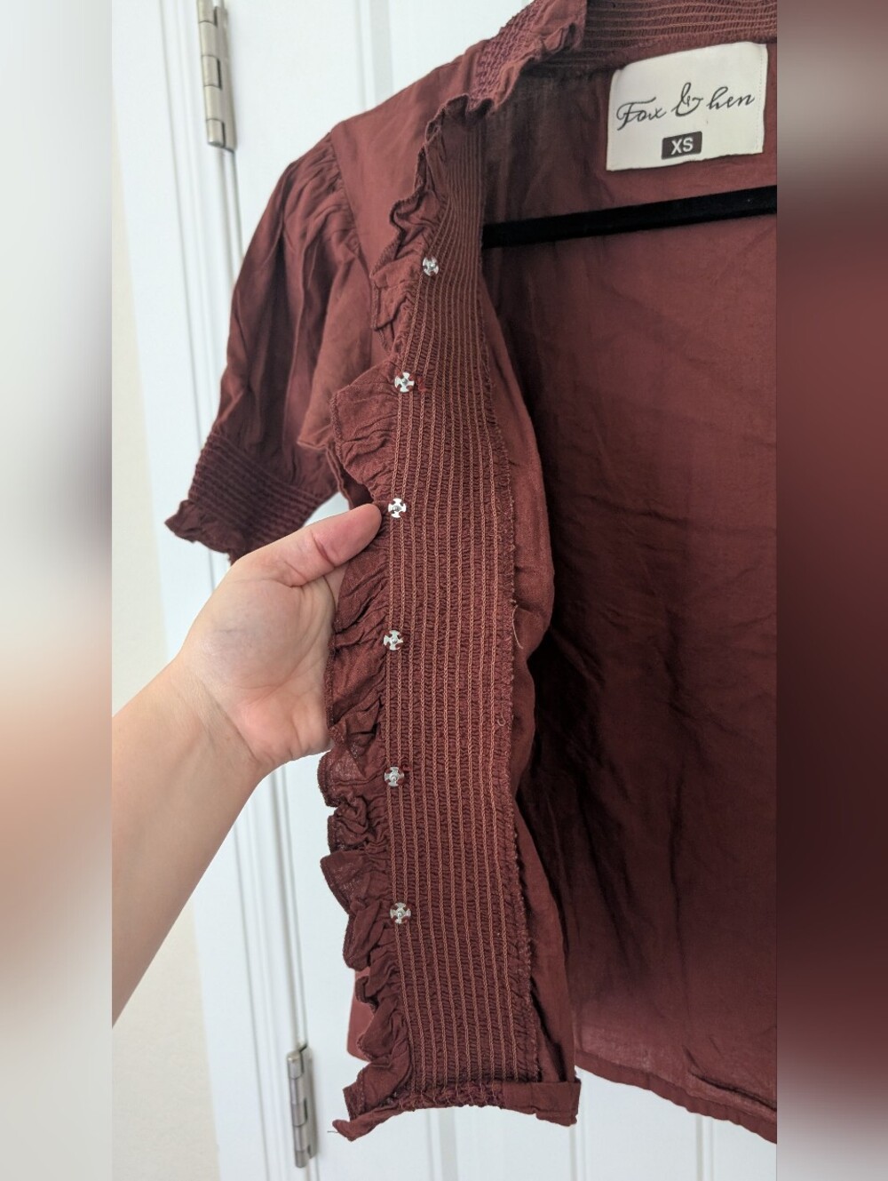 Brown Cotton Ruffled V-Neck Puff Sleeve Blouse XS - Picture 3 of 8